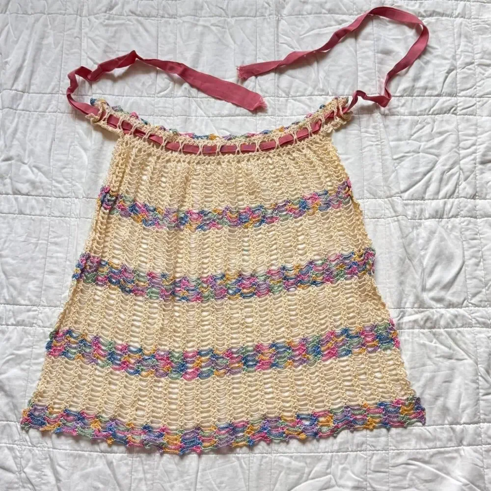 Pastel rainbow‎ crochet apron pink ribbon kitchen utility whimsical fairy